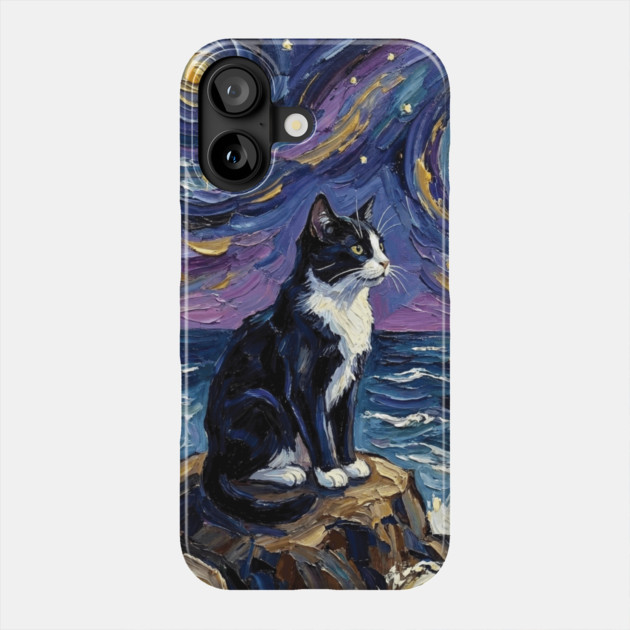 Tuxedo Cat Starry Night Cat at the Beach and Moon Artwork Phone Case