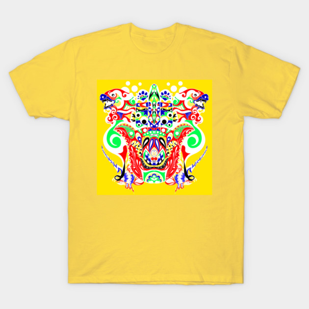 Symmetrical Folk Art Beast T-Shirt - Colorful Mandala Monster with Twin Dragon Heads on a Yellow Square, Unisex Tee for Men and Women