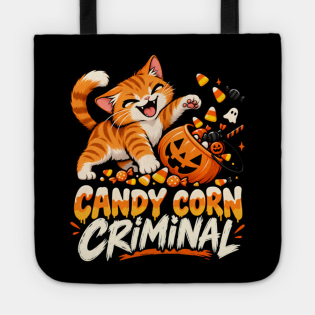 Candy Corn Criminal Shirt, Funny Orange Tabby Cat Halloween Tee, Cute Cat Candy Thief Shirt, Sarcastic Halloween Cat Gift Tote
