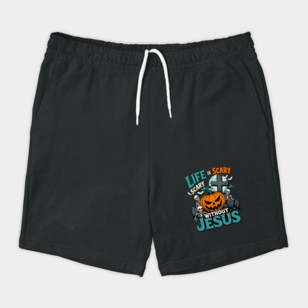 Retro Christian Halloween Life Is Scary Without Jesus Pumpkin Cross Faith Fall Church Shorts