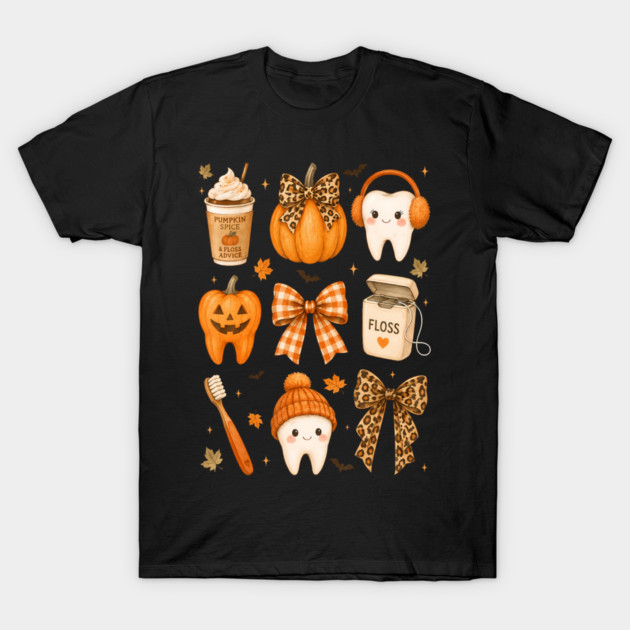 Fall Dentist Halloween Tooth Pumpkin Bow Dental Hygienist T-Shirt