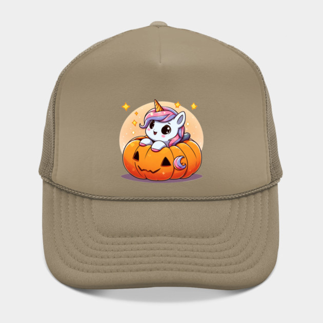 Cute Baby Unicorn in Jack-o'-Lantern Halloween Trucker Hat - Kawaii Unicorn Peeking from a Carved Pumpkin with Gold Sparkles