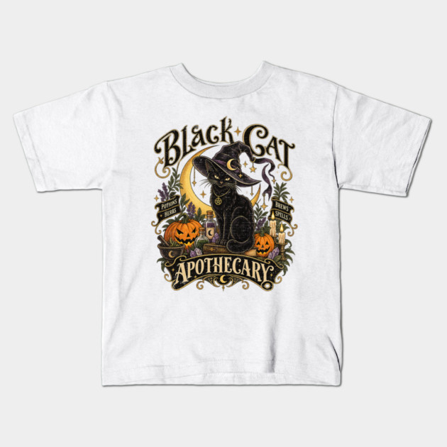 Vintage Black Cat Witch Apothecary Halloween Art Kids T-Shirt