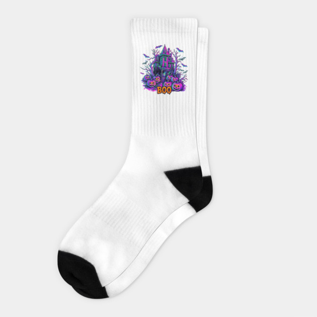 Neon Haunted House Spooky Halloween Pumpkins Socks