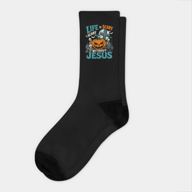 Retro Christian Halloween Life Is Scary Without Jesus Pumpkin Cross Faith Fall Church Socks