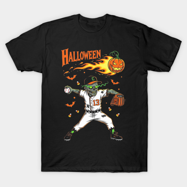Zombie Baseball Pitcher Throwing Flaming Pumpkin Funny T-Shirt