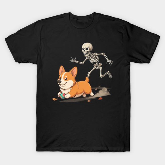 Corgi Running From Skeleton Funny Spooky Halloween Design T-Shirt