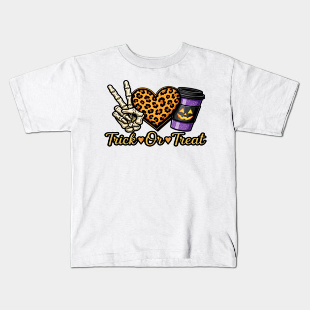Peace Love Trick Or Treat Skeleton Leopard Coffee Kids T-Shirt