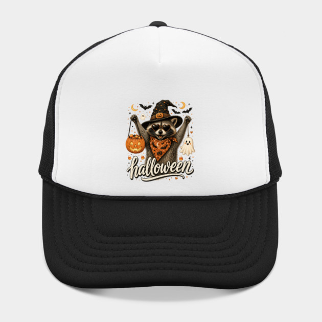 Cute Witch Raccoon Halloween Trucker Hat - Raccoon in Heart Sunglasses Holding Jack-o'-Lantern and Little Ghost, Gift for Animal Lovers