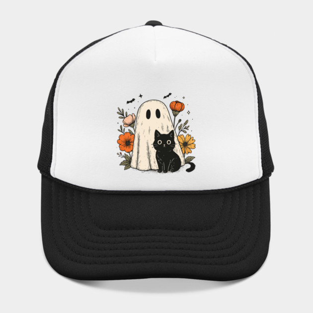 Cute Ghost and Black Cat with Flowers Halloween Hat