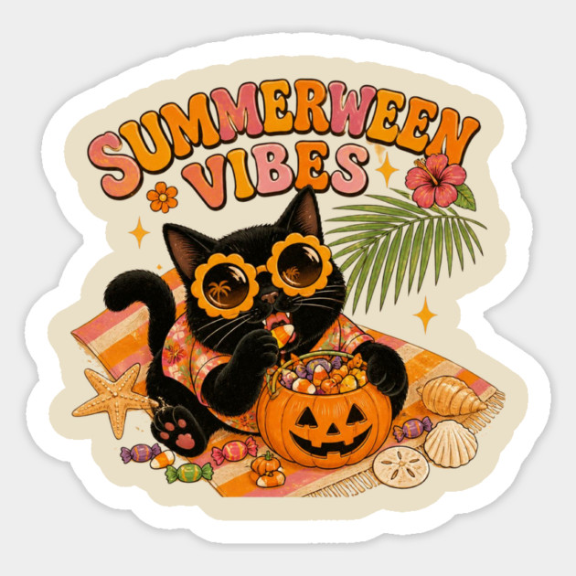Summerween Cat Vibes Beach Halloween Sticker