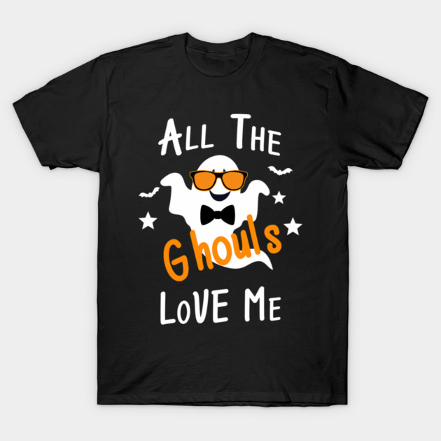 Funny All the Ghouls Love Me Halloween T-Shirt - Cool White Ghost with Orange Sunglasses, Bow Tie, Stars and Bats, Unisex Tee for Men and Women