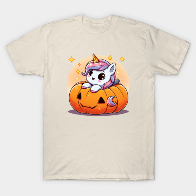 Cute Baby Unicorn in Jack-o'-Lantern Halloween T-Shirt - Kawaii Unicorn Peeking from a Carved Pumpkin with Gold Sparkles, Unisex Tee for Men and Women
