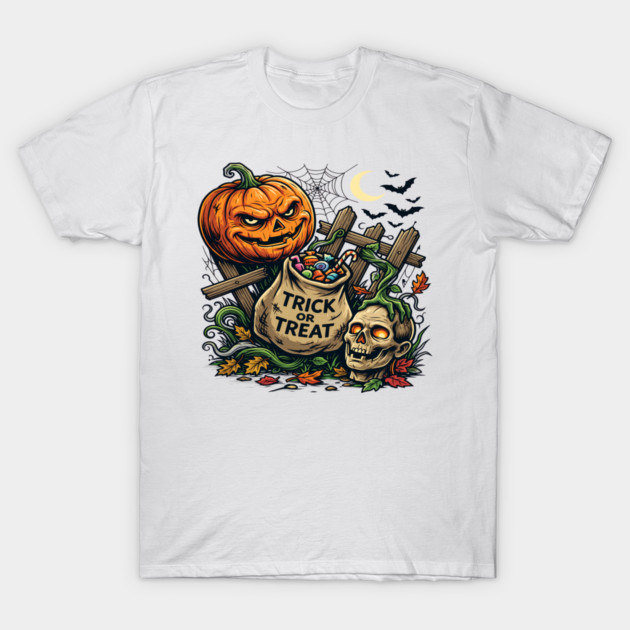 Halloween Trick or Treat Pumpkin and Skull Spooky Design T-Shirt