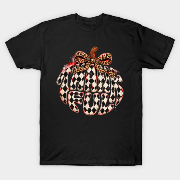 Thankful Pumpkin Checkered Bow , Trendy fall design, Rustic fall , Distressed Autumn png, Thanksgiving Leopard, Halloween T-Shirt