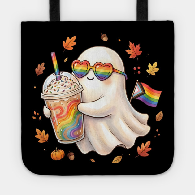 Rainbow Ghost Drinking Coffee LGBTQ Halloween Pride Autumn Tote