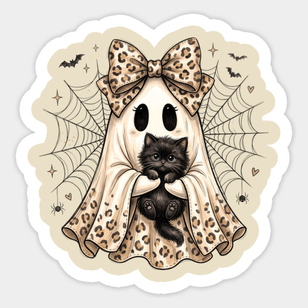Cute Leopard Bow Ghost Holding Black Cat Halloween Spooky Lover Sticker