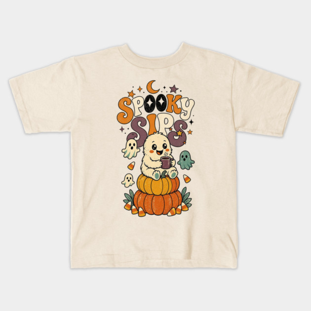 Spooky Sips Cute Halloween Ghost Drinking Coffee Retro Vintage Halloween T-Shirt Kids T-Shirt