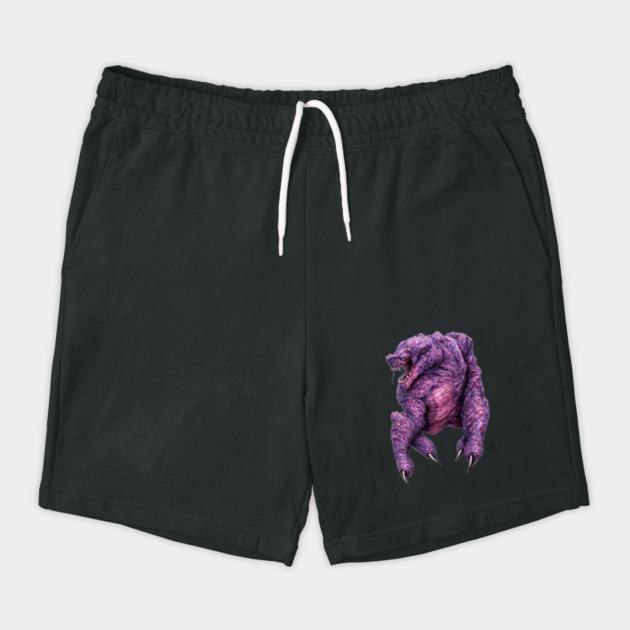 Purple Monster Drawstring Shorts - Realistic Hulking Beast with Snarling Jaws on the Leg, Gift for Horror Fans