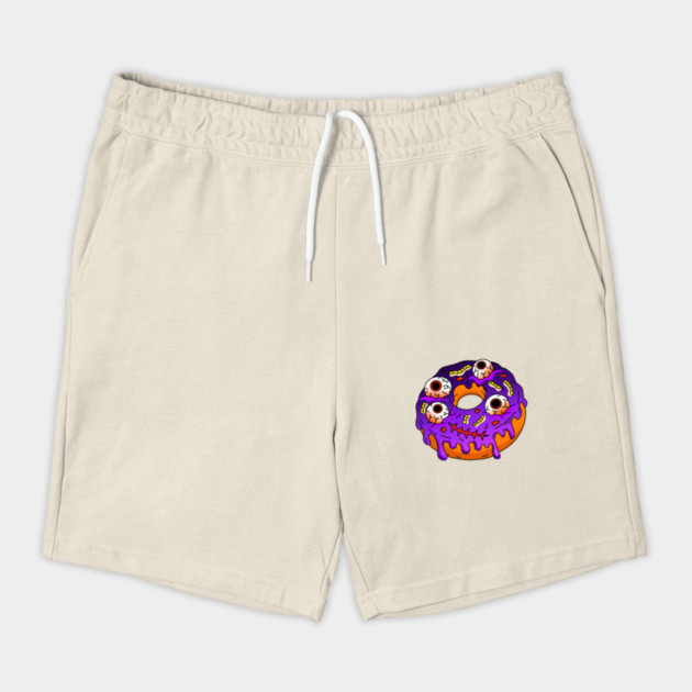 Spooky Halloween Monster Doughnut topped with Eyeballs Maggots Stitched Mouth and Purple Glaze Vector Shorts