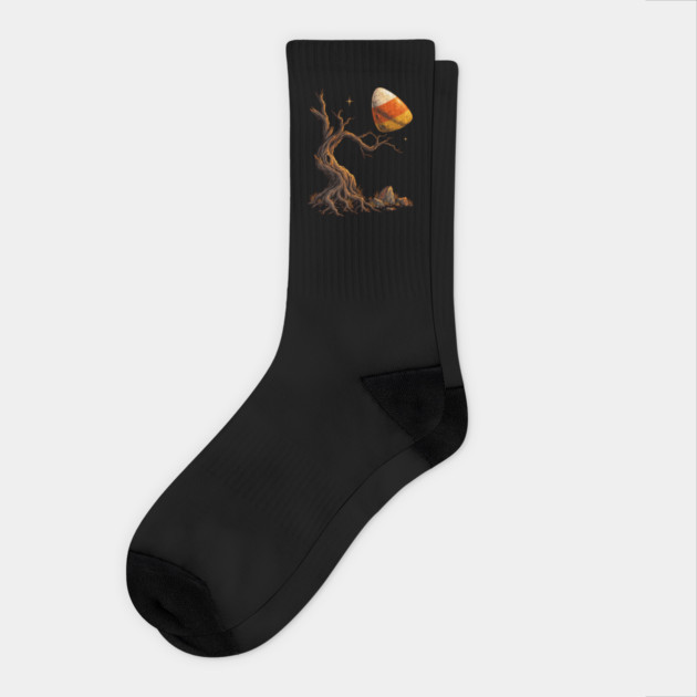Candy Corn Moon Over Haunted Tree – Spooky Halloween Art Socks