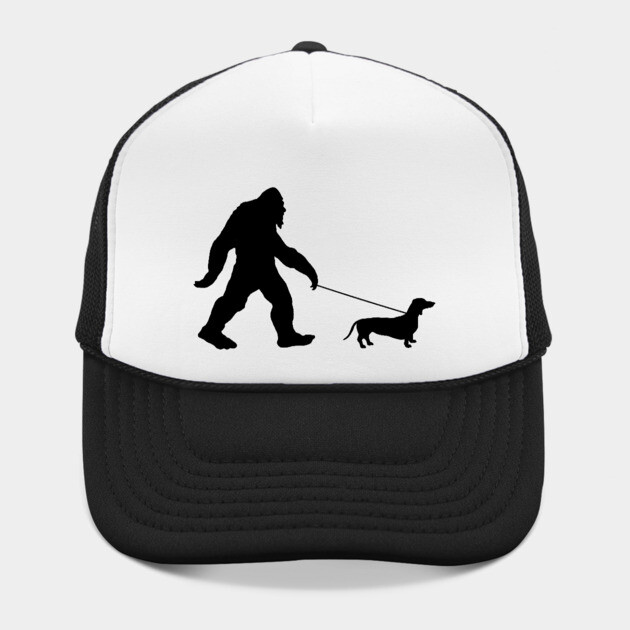 Funny Bigfoot Walking a Dachshund Trucker Hat - Black Silhouette Sasquatch with Wiener Dog on a Leash, Gift for Dog Lovers