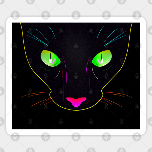 Black Cat with Green Fluorescent Eyes - Illustration Sticker