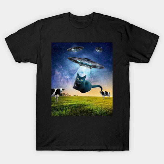 Black Cat UFO Abduction Funny T-Shirt