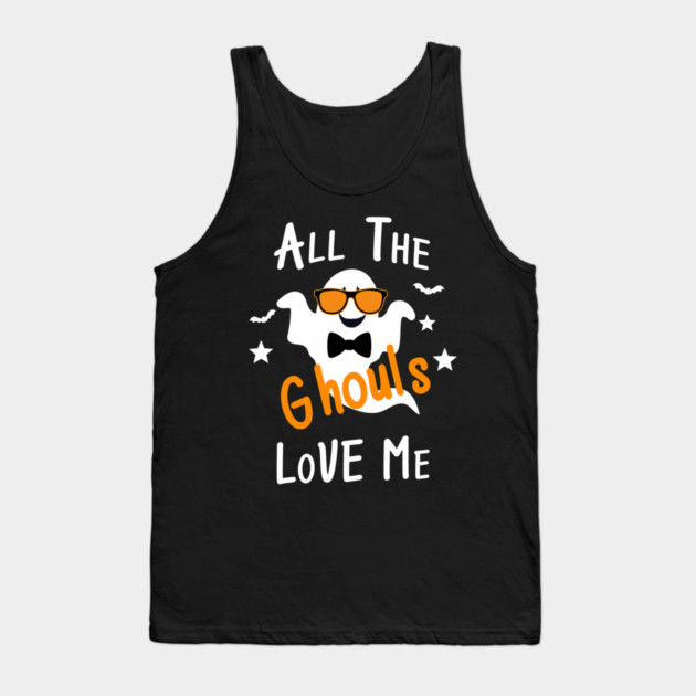 Funny All the Ghouls Love Me Halloween Tank Top - Cool White Ghost with Orange Sunglasses, Bow Tie, Stars and Bats, Unisex Tank for Men and Women
