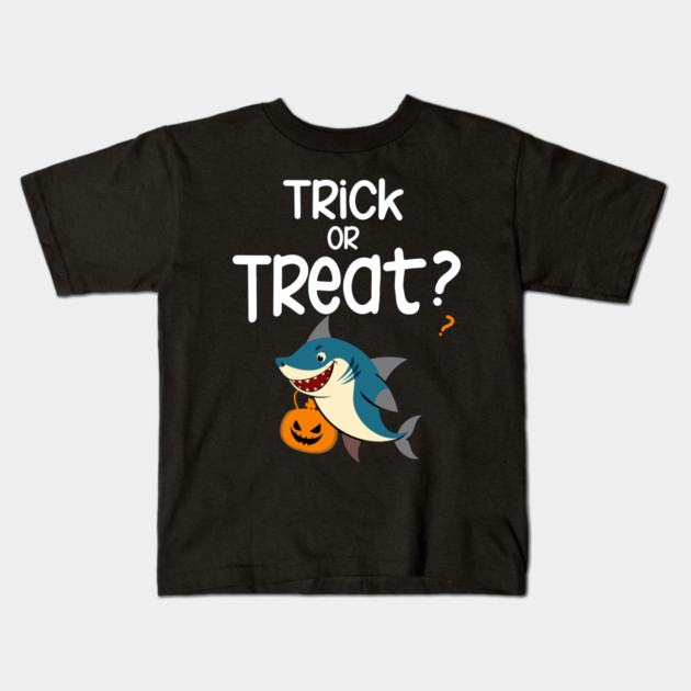 Trick or Treat ? with a shark holding a halloween basket Kids T-Shirt