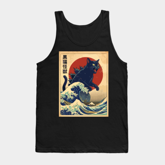 Black Cat Monster Kanagawa Wave Tank Top