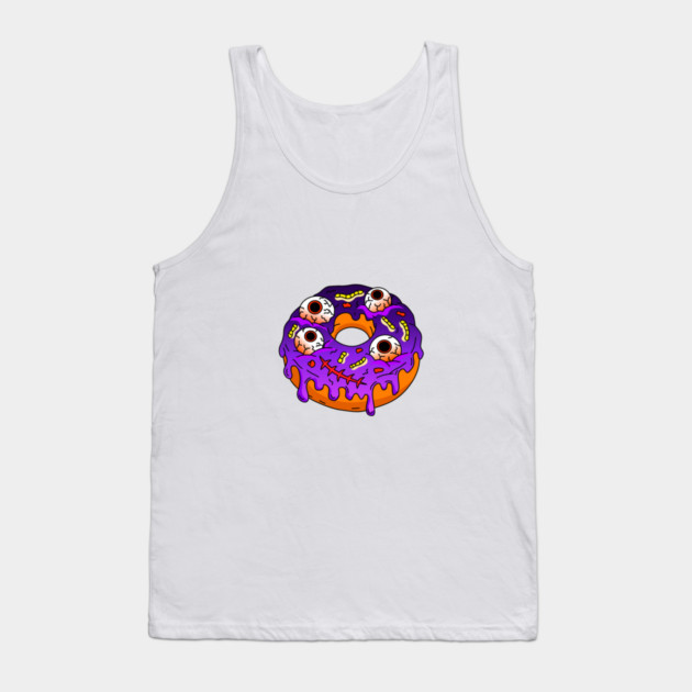 Spooky Halloween Monster Doughnut topped with Eyeballs Maggots Stitched Mouth and Purple Glaze Vector Tank Top