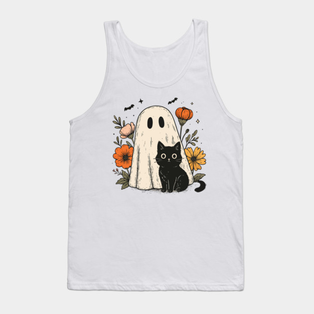 Cute Ghost and Black Cat with Flowers Halloween Tank Top