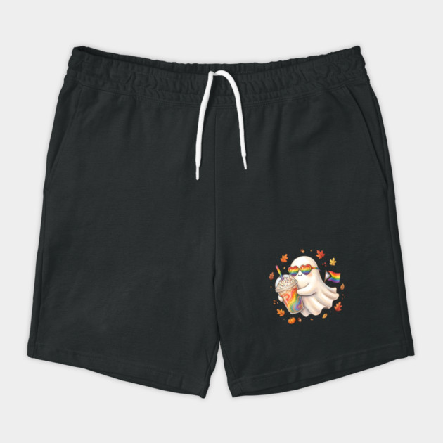 Rainbow Ghost Drinking Coffee LGBTQ Halloween Pride Autumn Shorts