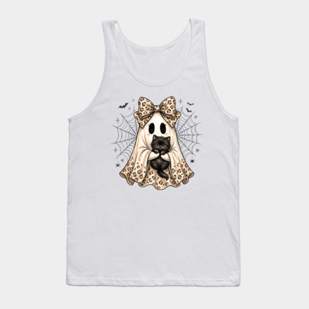 Cute Leopard Bow Ghost Holding Black Cat Halloween Spooky Lover Tank Top