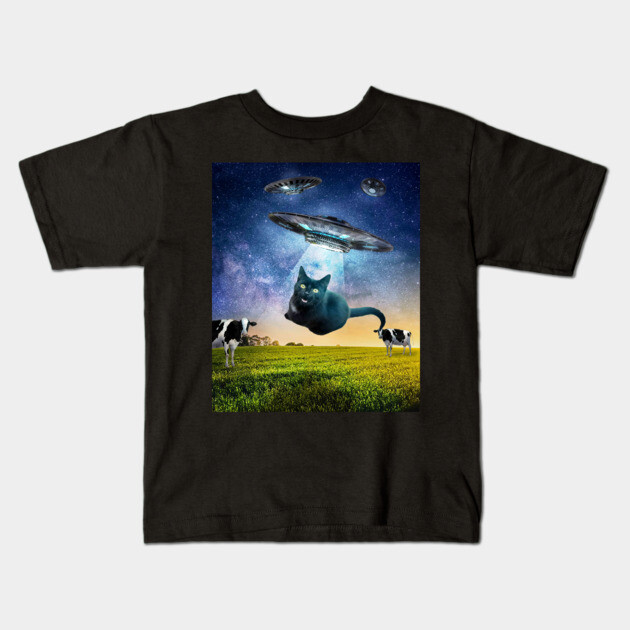 Black Cat UFO Abduction Funny Kids T-Shirt