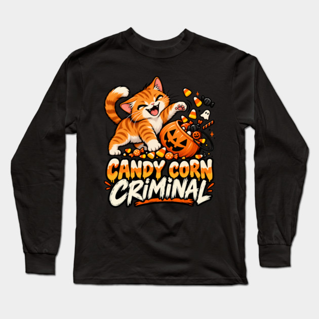 Candy Corn Criminal Shirt, Funny Orange Tabby Cat Halloween Tee, Cute Cat Candy Thief Shirt, Sarcastic Halloween Cat Gift Long Sleeve T-Shirt