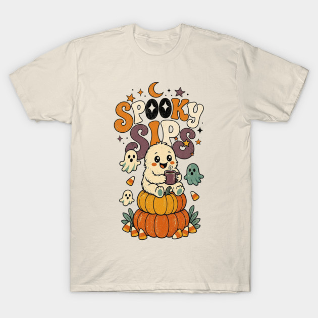Spooky Sips Cute Halloween Ghost Drinking Coffee Retro Vintage Halloween T-Shirt T-Shirt