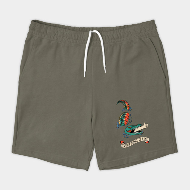 Funny Everything Is Fine Alligator Tattoo Drawstring Shorts - Gator with Thumbs Up Arm on the Leg, Gift for Reptile Lovers