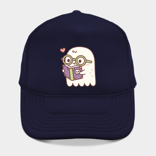 Cute Ghost Reading A Book With A Skull Hat