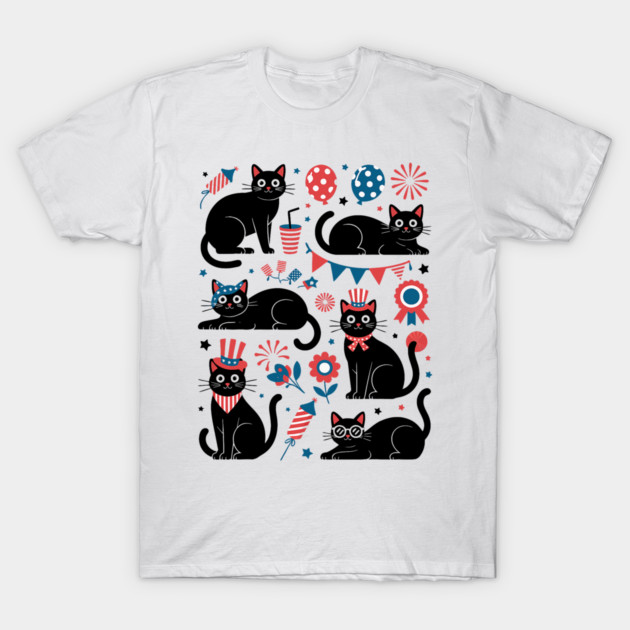 Black Cat USA Flag Fireworks Patriotic 4th of July Cat T-Shirt