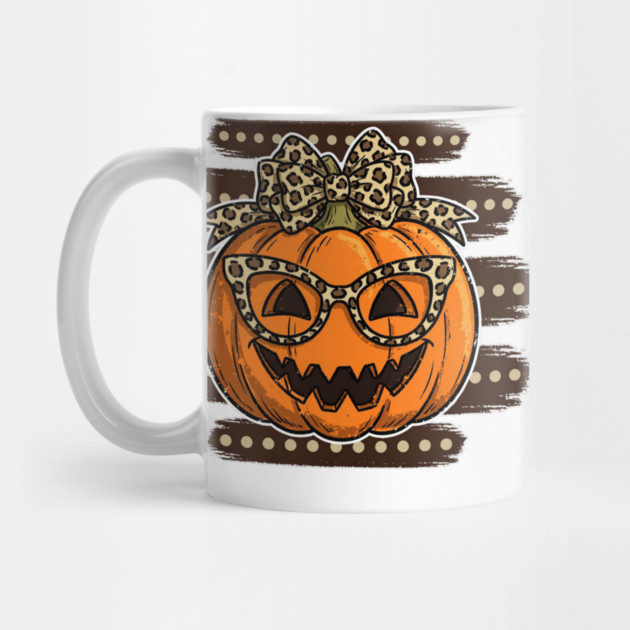 Leopard Print Pumpkin with Glasses and Bow Halloween Mug