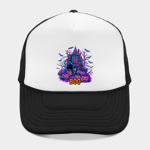 Neon Haunted House Spooky Halloween Pumpkins Hat