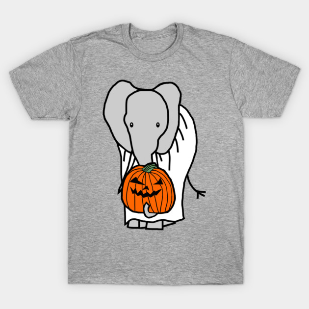 Cute Elephant in Ghost Costume Halloween T-Shirt - Cartoon Grey Elephant Holding a Carved Jack-o'-Lantern, Unisex Tee for Men and Women