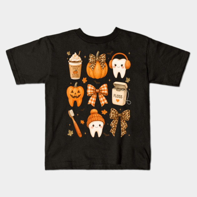Fall Dentist Halloween Tooth Pumpkin Bow Dental Hygienist Kids T-Shirt