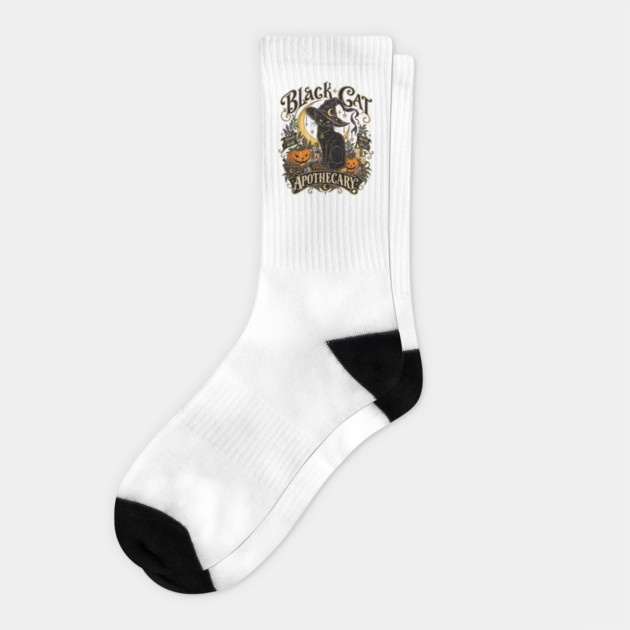 Vintage Black Cat Witch Apothecary Halloween Art Socks