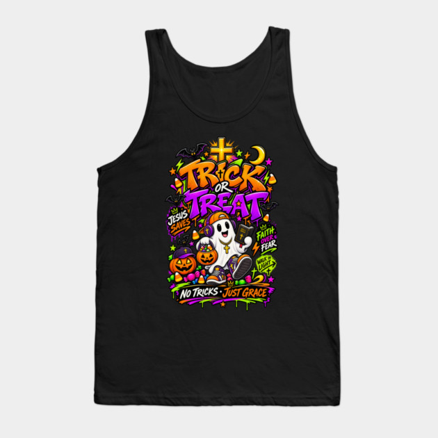 Trick Or Treat Christian Halloween Graffiti Ghost Jesus Saves Tank Top