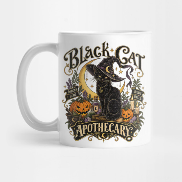 Vintage Black Cat Witch Apothecary Halloween Art Mug
