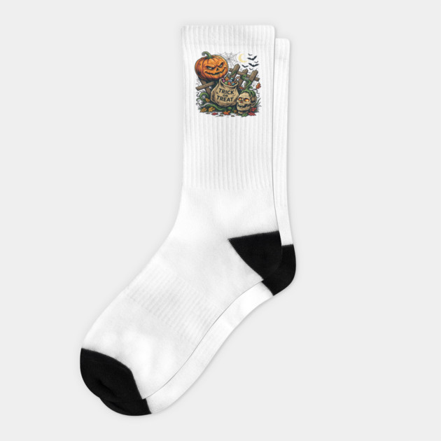 Halloween Trick or Treat Pumpkin and Skull Spooky Design Socks