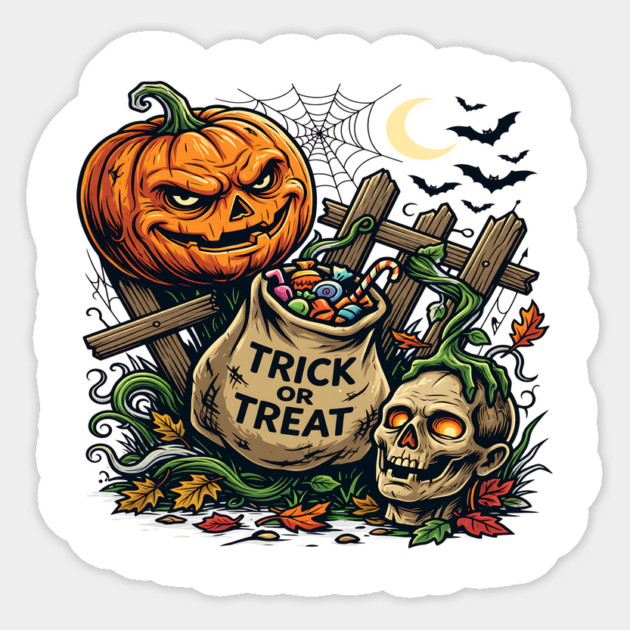 Halloween Trick or Treat Pumpkin and Skull Spooky Design Sticker
